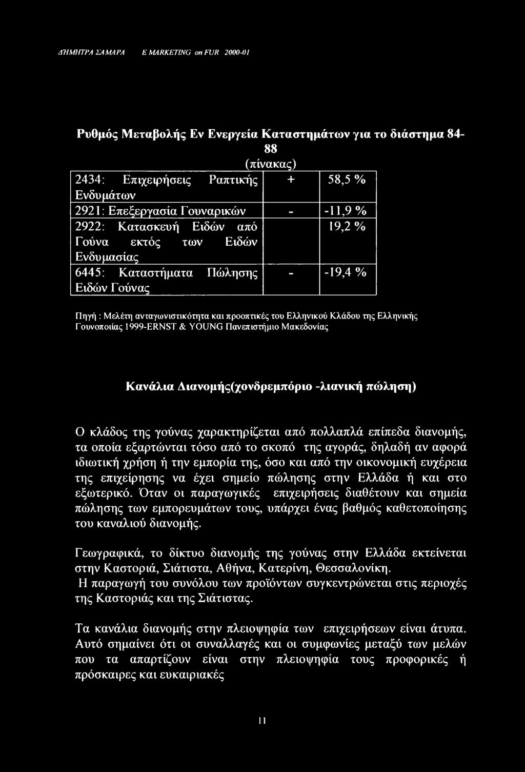 Ελληνικής Γουνοποιίας 1999-ERNST & YOUNG Πανεπιστήμιο Μακεδονίας Κανάλια Διανομής(χονδρεμπόριο -λιανική πώληση) Ο κλάδος της γούνας χαρακτηρίζεται από πολλαπλά επίπεδα διανομής, τα οποία εξαρτώνται