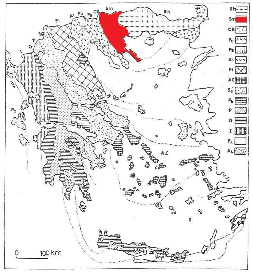 Σχήμα 2.5. Γεωτεκτονικό σχήμα των Ελληνίδων ζωνών (Μουντράκης, 1985). Με κόκκινο χρώμα απεικονίζεται η Σερβομακεδονική μάζα. 2.6.