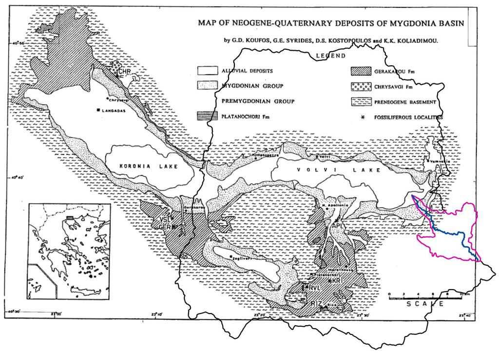 Σχήμα 4.36. Στο χάρτη απεικονίζεται το Μυγδονιακό-Προμυγδονιακό σύστημα. Η περιοχή μεταξύ των γραμμών με κόκκινο χρώμα παρουσιάζει υψηλή τιμή δείκτη SL. Στα Σχήματα 4.24 έως 4.