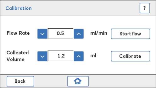 5 Συντήρηση και ρυθμίσεις 5.5 Pump 5.5.2 Calibration 3 Χρησιμοποιήστε τα βέλη προς τα πάνω/κάτω για να ορίσετε το επιθυμητό Flow Rate. 4 Πατήστε Start flow για εκκίνηση του Pump.