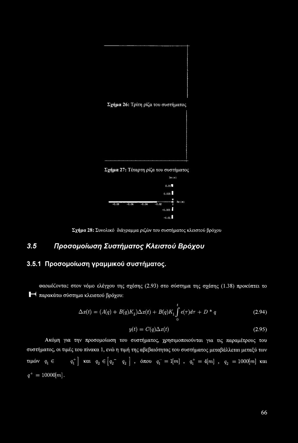 93) στο σύστημα της σχέσης (1.38) προκύπτει το Η παρακάτω σύστημα κλειστού βρόχου: t Ax(t) = (A(q) + B(q)K.2)Ax(t) + B(q)K1Je(r)dr + D * q (2.94) o y(t) = C(q)Ax(t) (2.