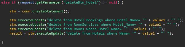 Εικόνα 18 - Update Values Code Διαγραφή μιας καταχώρησης Έστω ότι ο διαχειριστής επιλέγει να σβήσει το ξενοδοχείο με όνομα Hotel.