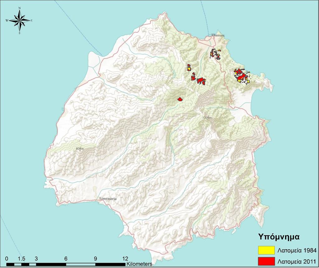 7.3. ΧΑΡΤΗΣ ΛΑΤΟΜΕΙΩΝ Εικόνα 71: Τα λατομεία όπως ήταν το 1984 και όπως βρέθηκαν το 2011 όπως φάνηκε από το τεστ