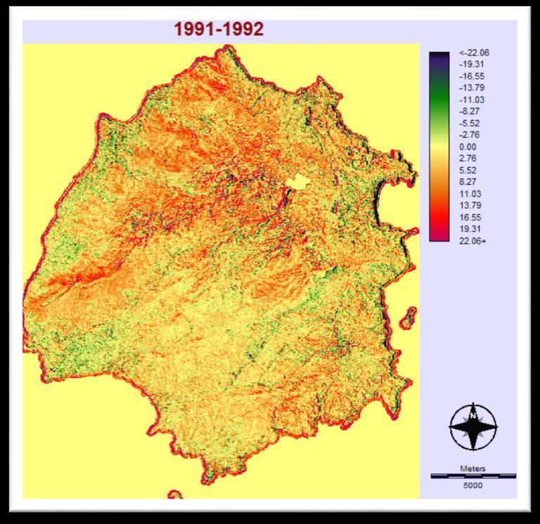 Εικόνα 38: Tο αποτέλεσμα της διαφοράς των εικόνων του δείκτη NDVI για τα έτη 1991-1992 και 2001-2002.