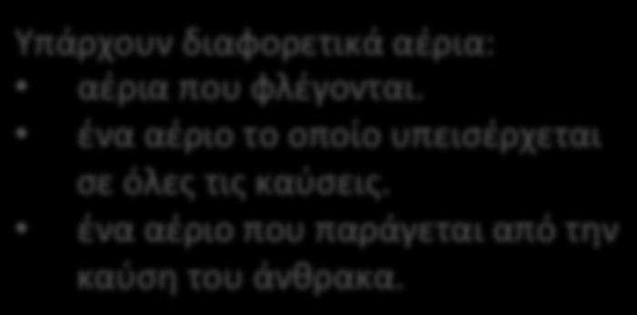 ένα αέριο το οποίο υπεισέρχεται σε όλες τις καύσεις. ένα αέριο που παράγεται από την καύση του άνθρακα.