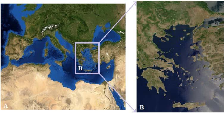 3.2 ΑΙΓΑΙΟ ΠΕΛΑΓΟΣ Το Αιγαίο βρίσκεται στο βόρειο τμήμα της ανατολικής Μεσογείου (εικόνα 3.1). Η έκταση της λεκάνης του Αιγαίου φτάνει τα 1.8x10 11 m 2, ενώ η χωρητικότητα αυτής υπολογίζεται στα 8.