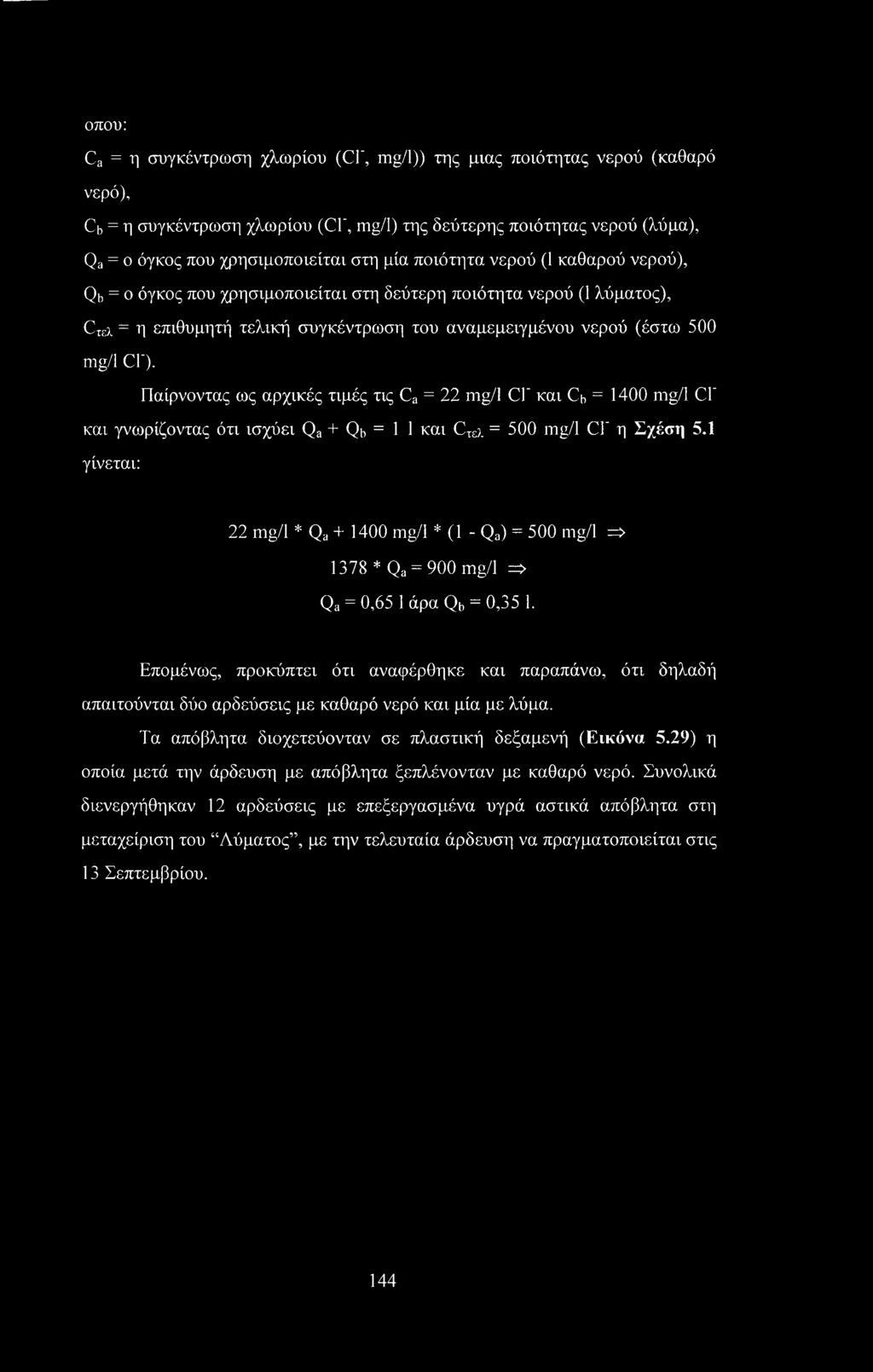 Παίρνοντας ως αρχικές τιμές τις Ca = 22 mg/1 Cl και Cb = 1400 mg/1 Cl" και γνωρίζοντας ότι ισχύει Qa + Qb =11 και CI ;_ = 500 mg/1 Cl' η Σχέση 5.