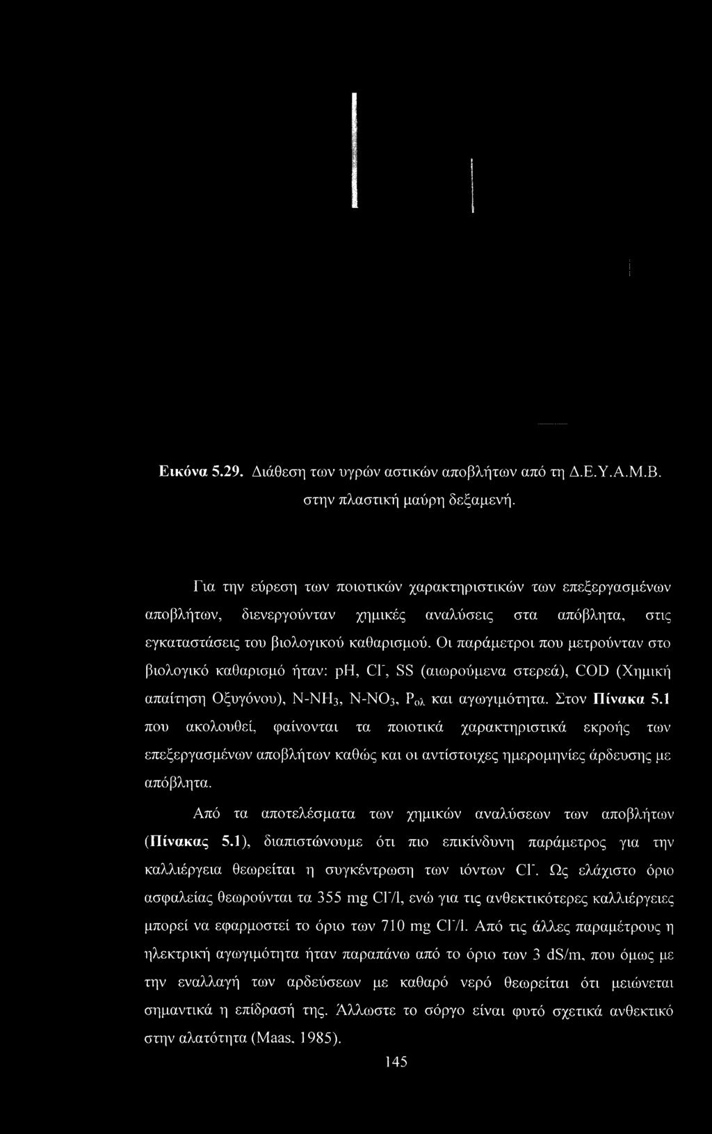 Οι παράμετροι που μετρούνταν στο βιολογικό καθαρισμό ήταν: ph, CT, SS (αιωρούμενα στερεά), COD (Χημική απαίτηση Οξυγόνου), Ν-ΝΗ3, Ν-ΝΟ3, Ρ0λ και αγωγιμότητα. Στον Πίνακα 5.