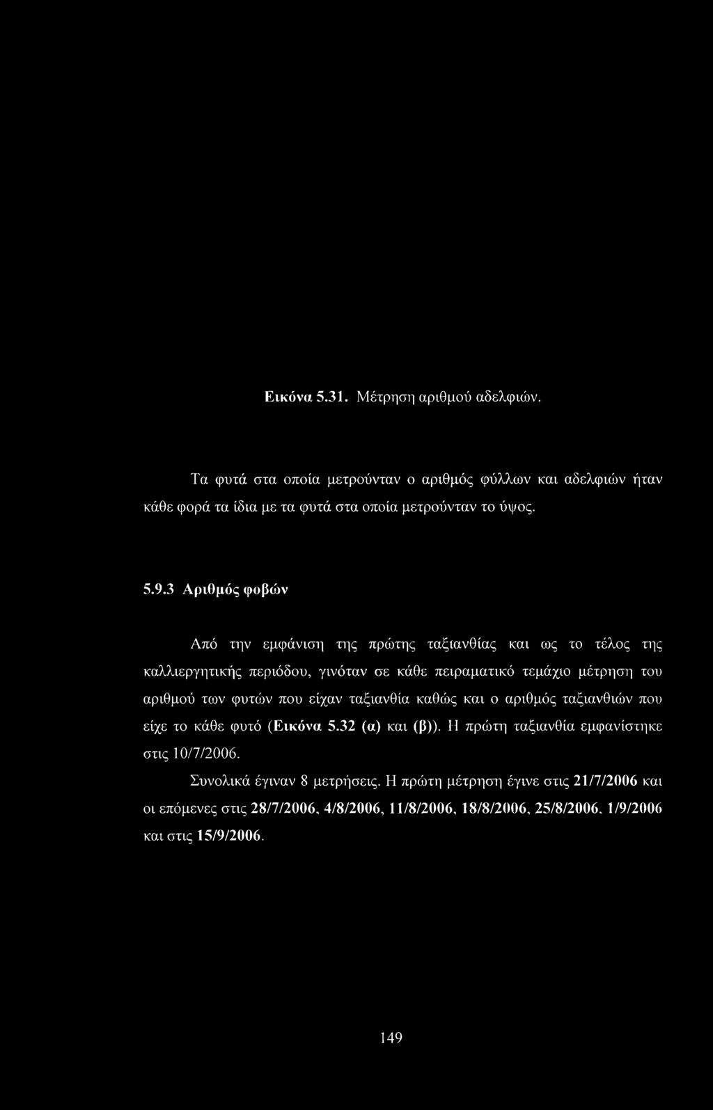 των φυτών που είχαν ταξιανθία καθώς και ο αριθμός ταξιανθιών που είχε το κάθε φυτό (Εικόνα 5.32 (α) και (β)). Η πρώτη ταξιανθία εμφανίστηκε στις 10/7/2006.