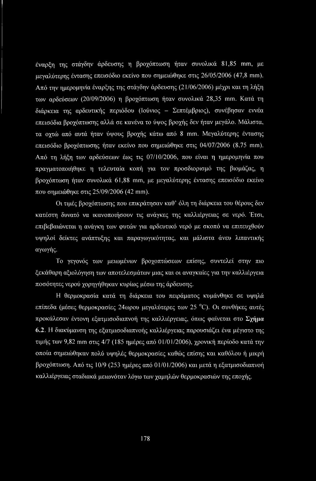 Κατά τη διάρκεια της αρδευτικής περιόδου (Ιούνιος - Σεπτέμβριος), συνέβησαν εννέα επεισόδια βροχόπτωσης αλλά σε κανένα το ύψος βροχής δεν ήταν μεγάλο.