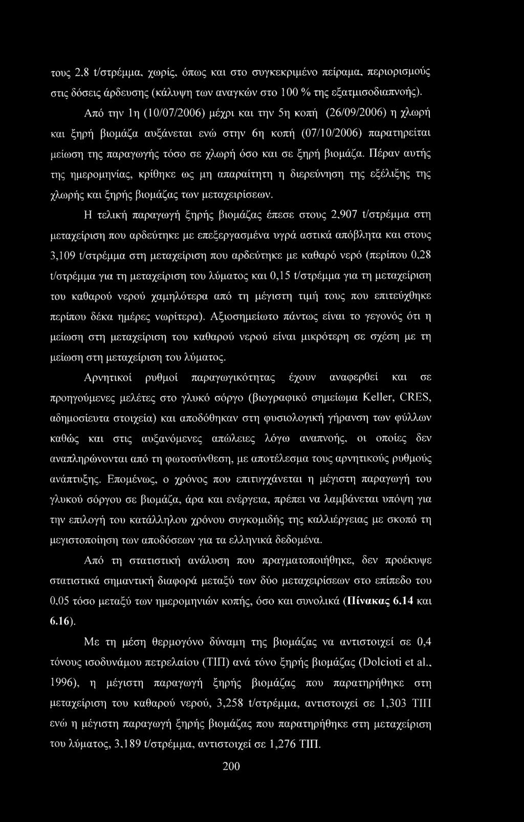 Πέραν αυτής της ημερομηνίας, κρίθηκε ως μη απαραίτητη η διερεύνηση της εξέλιξης της χλωρής και ξηρής βιομάζας των μεταχειρίσεων.