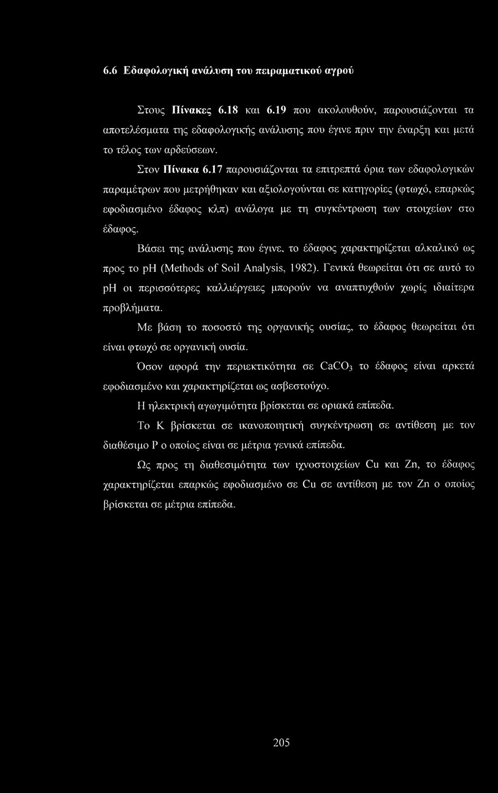 17 παρουσιάζονται τα επιτρεπτά όρια των εδαφολογικών παραμέτρων που μετρήθηκαν και αξιολογούνται σε κατηγορίες (φτωχό, επαρκώς εφοδιασμένο έδαφος κλπ) ανάλογα με τη συγκέντρωση των στοιχείων στο