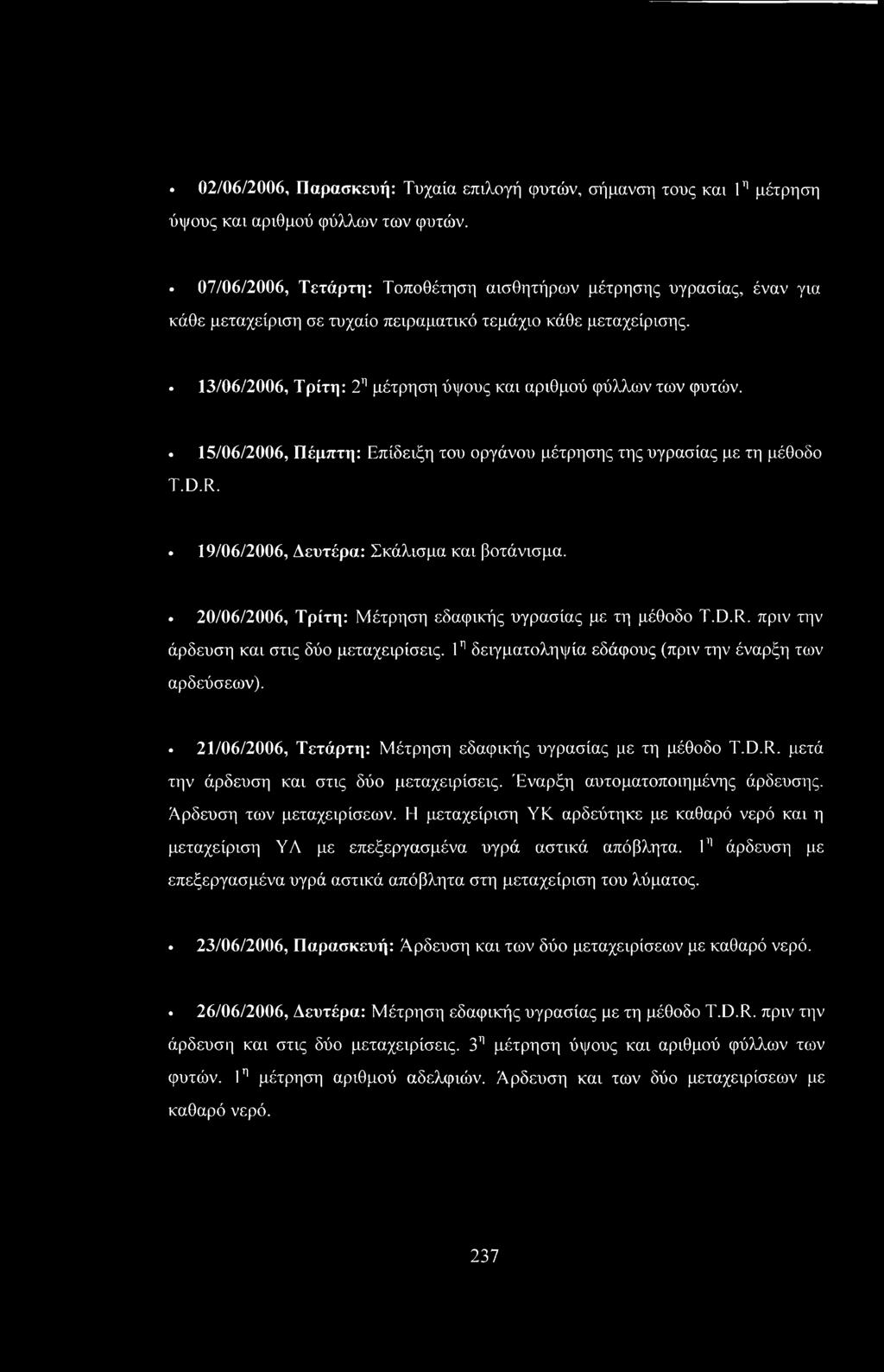 . 13/06/2006, Τρίτη: 2η μέτρηση ύψους και αριθμού φύλλων των φυτών. 15/06/2006, Πέμπτη: Επίδειξη του οργάνου μέτρησης της υγρασίας με τη μέθοδο T.D.R.. 19/06/2006, Δευτέρα: Σκάλισμα και βοτάνισμα.