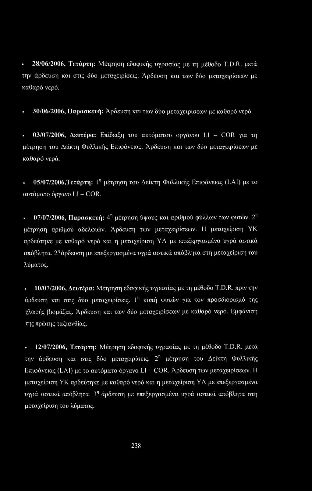 Άρδευση και των δύο μεταχειρίσεων με καθαρό νερό. 05/07/2006,Τετάρτη: 1η μέτρηση του Δείκτη Φυλλικής Επιφάνειας (LAI) με το αυτόματο όργανο LI - COR.