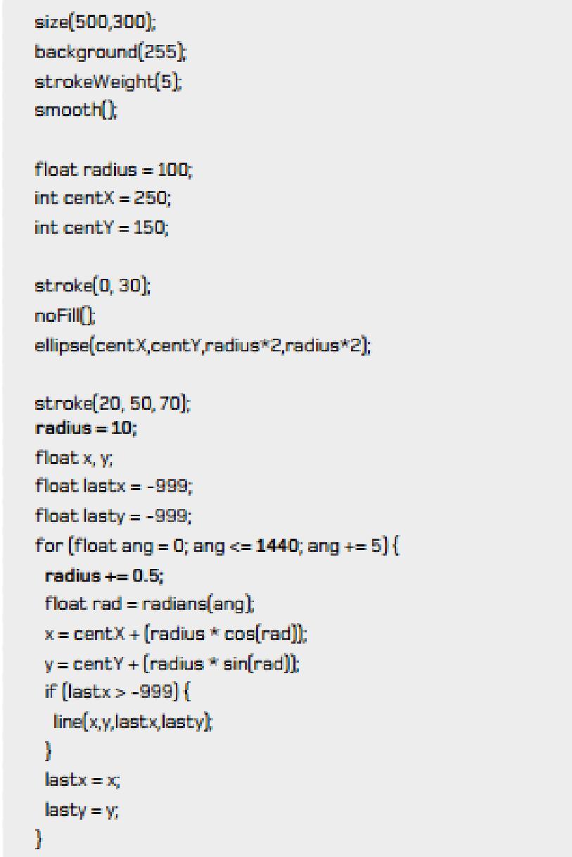 Μετατρέποντας έναν κύκλο σε σπείρα Ορισμός αρχικής τιμής ακτίνας σε 10 Ορισμός αρχικής τιμής lastx, lasty σε -999. Επανάληψη από 0 μοίρες έως 1440 μοίρες.