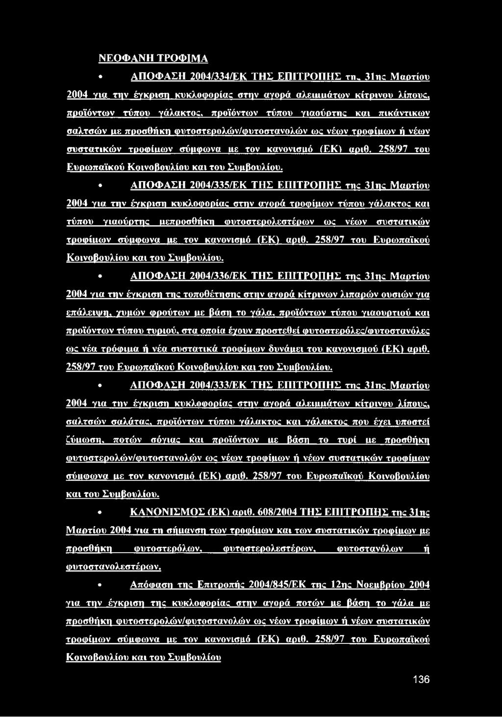 ΑΠΟΦΑΣΗ 2004/335/ΕΚ ΤΗΣ ΕΠΙΤΡΟΠΗΣ της 3 1 tic Μαρτίου 2004 νια την έγκριση κυκλοφορίας στην αγορά τροωίρων τύπου γάλακτος και τύπου γιαούρτης ρεπροσθήκη ωυτοστερολεστέρων ως νέων συστατικών τοοωίιιων