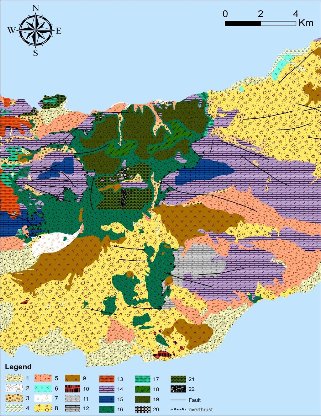 Εικόνα 21: Ψηφιοποιημένος γεωλογικός χάρτης της ευρύτερης περιοχής των Γερανείων Αγίων Θεοδώρων και η επιμέρους λιθολογία με χρήση του προγράμματος Arc map (GIS).