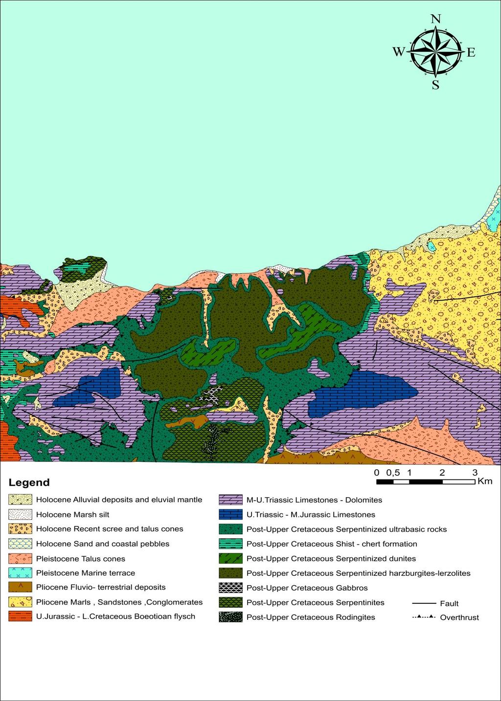 Ακολουθεί ψηφιοποιημένος γεωλογικός χάρτης της ευρύτερης περιοχής των Γερανείων όπου πραγματοποιήθηκε δειγματοληψία για τη παρούσα διατριβή με την επιμέρους λιθολογία που προέκυψε μετά από