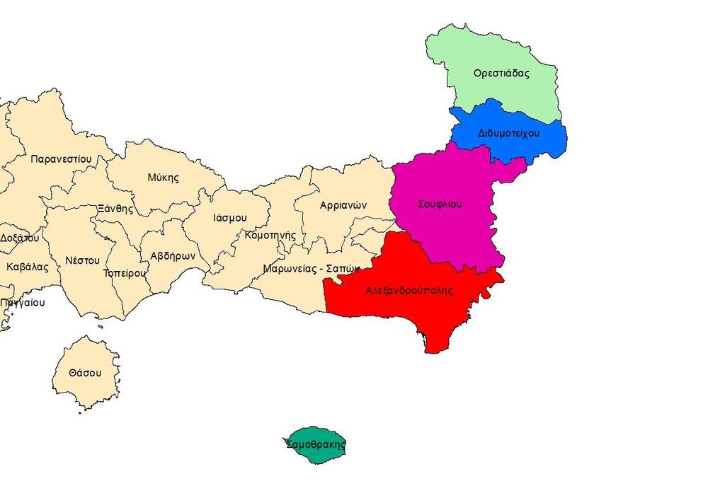 Εικόνα 2.11: Οι δήμοι του Ν. Έβρου όπως διαμορφώθηκαν από το πρόγραμμα Καλλικράτης. 2.3.