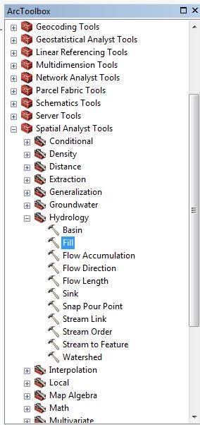 Η διαδικασία αυτή έγινε από την εργαλειοθήκη «Spatial Analyst Tools» ακολουθώντας τη διαδρομή: Hydrology -> Fill (Eικόνα 3.8). Εικόνα 3.