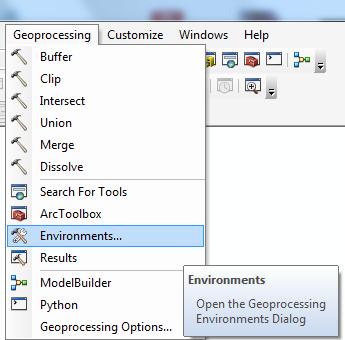 Από τη διαδρομή «Geoprocessing» -> «Environments» -> «Raster analysis» (Eικόνα 3.