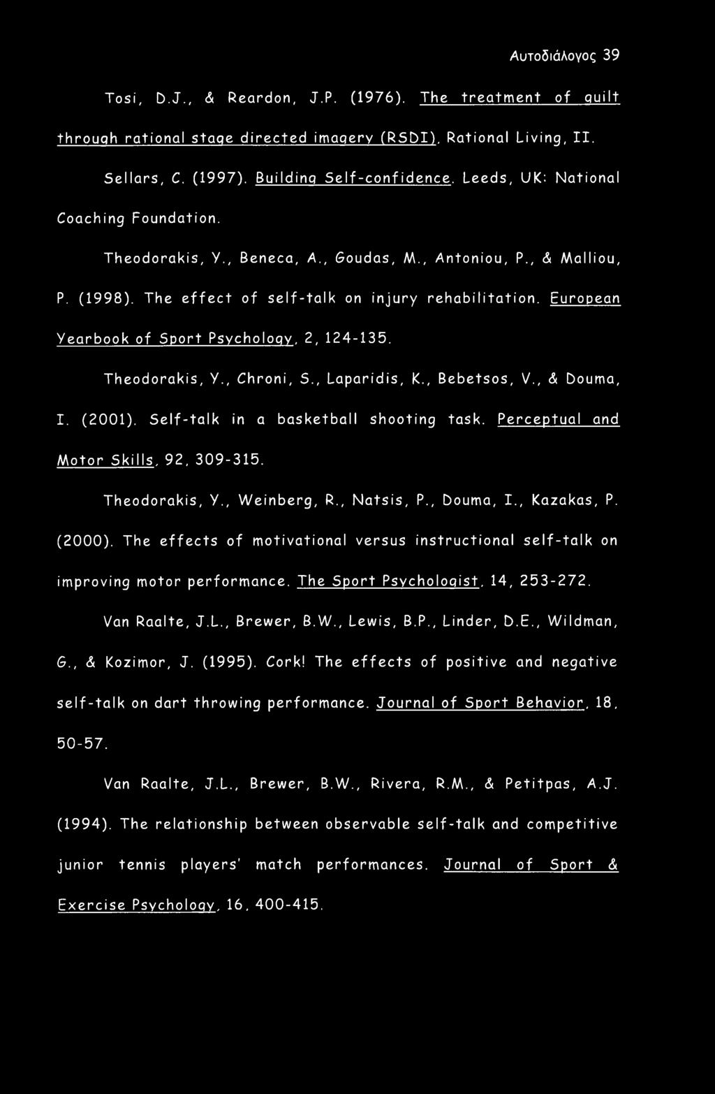 European Yearbook of Sport Psychology, 2, 124-135. Theodorakis, Y., Chroni, S., Laparidis, K., Bebetsos, V., & Douma, I. (2001). Self-talk in a basketball shooting task.