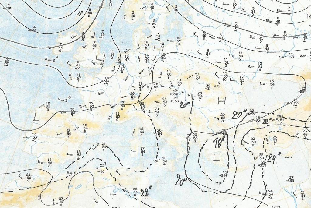 Υάνηδξ 4.10. Υάνηδξ 850 hpa βζα ηζξ 20-08-1992 12 UTC. (European Meteorological Bulletin) 4.5. Υξνληθή εμέιημε ηεο ζεξκνθξαζίαο θαη ηνπ ζεκείνπ δξόζνπ από ηηο 18-08-1992 00 UTC έσο ηηο 21-08-1992 12 UTC.