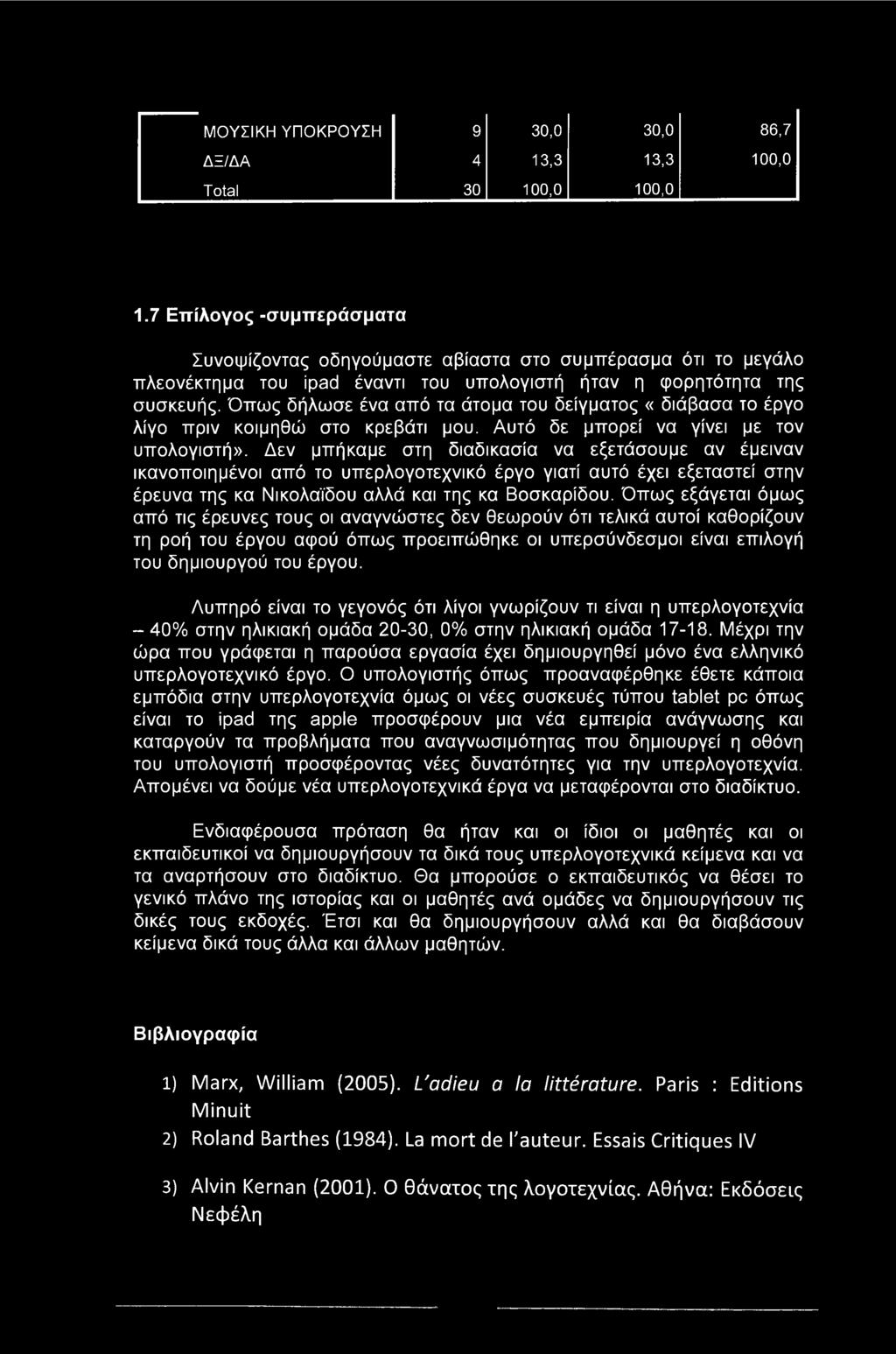 Όπως δήλωσε ένα από τα άτομα του δείγματος «διάβασα το έργο λίγο πριν κοιμηθώ στο κρεβάτι μου. Αυτό δε μπορεί να γίνει με τον υπολογιστή».