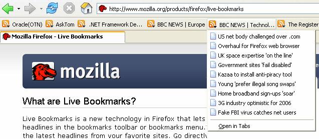 Live Bookmarks (RSS Reader) Για τα sites τα οποία υποστηρίζουν Live Bookmarks, εµφανίζεται το σύµβολο.