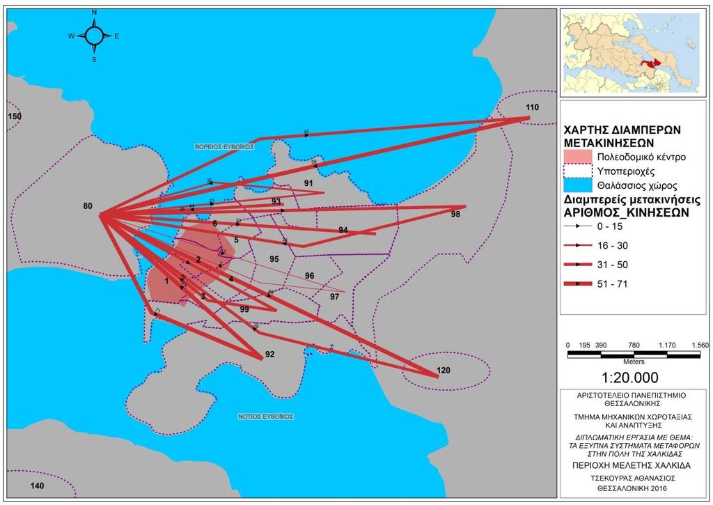 Χάρτης 10: Διαμπερείς μετακινήσεις Πηγή: Κυκλοφοριακή μελέτη Δήμου Χαλκιδέων και ιδία επεξεργασία Σε αυτό το στάδιο παρουσιάζονται οι μετακινήσεις που ξεκινούν από την Βοιωτική ακτή και καταλήγουν σε