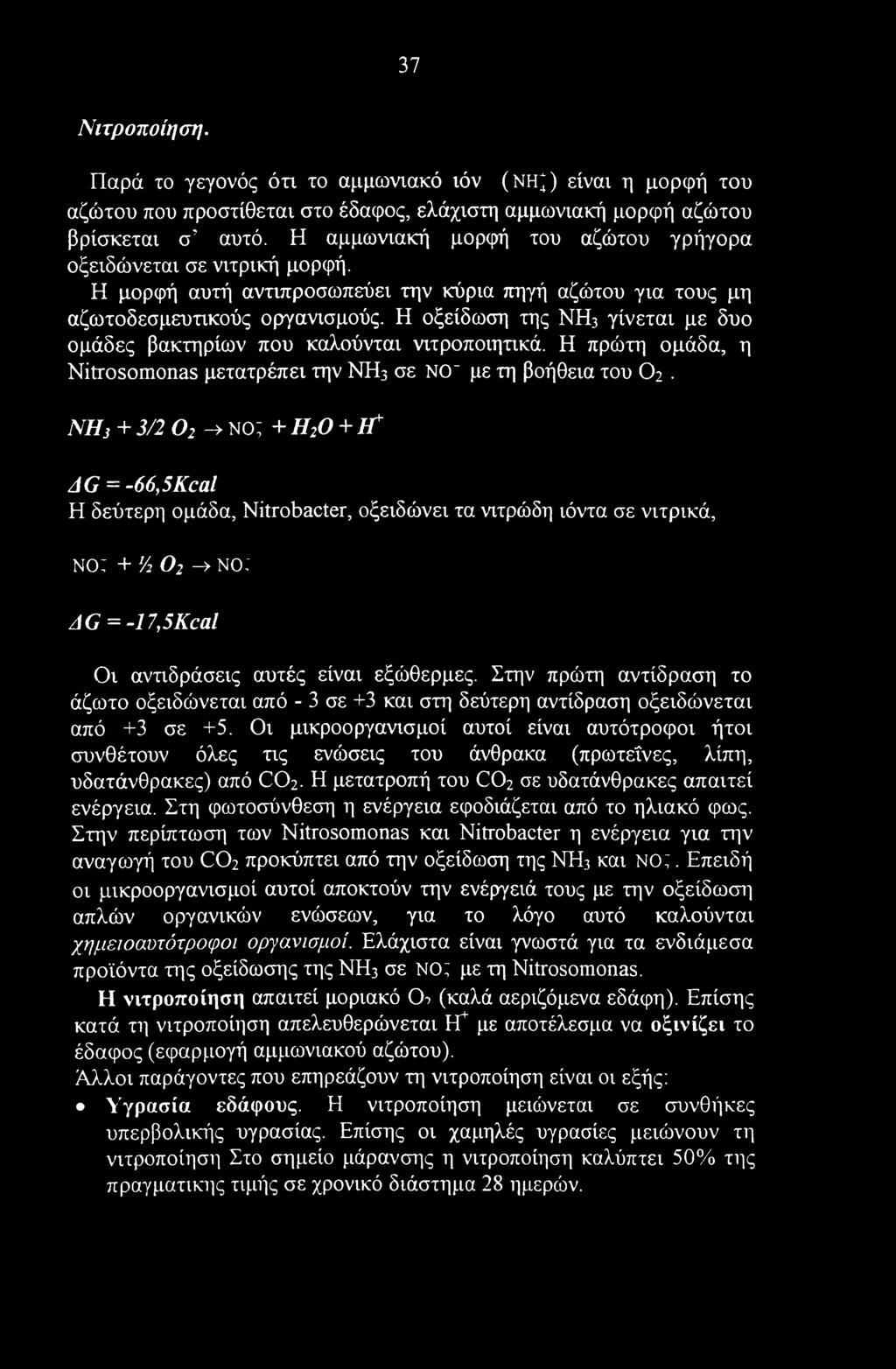 37 Νιτροποίηση. Παρά το γεγονός ότι το αμμωνιακό ιόν (ΝΗ^) είναι η μορφή του αζώτου που προστίθεται στο έδαφος, ελάχιστη αμμωνιακή μορφή αζώτου βρίσκεται σ' αυτό.