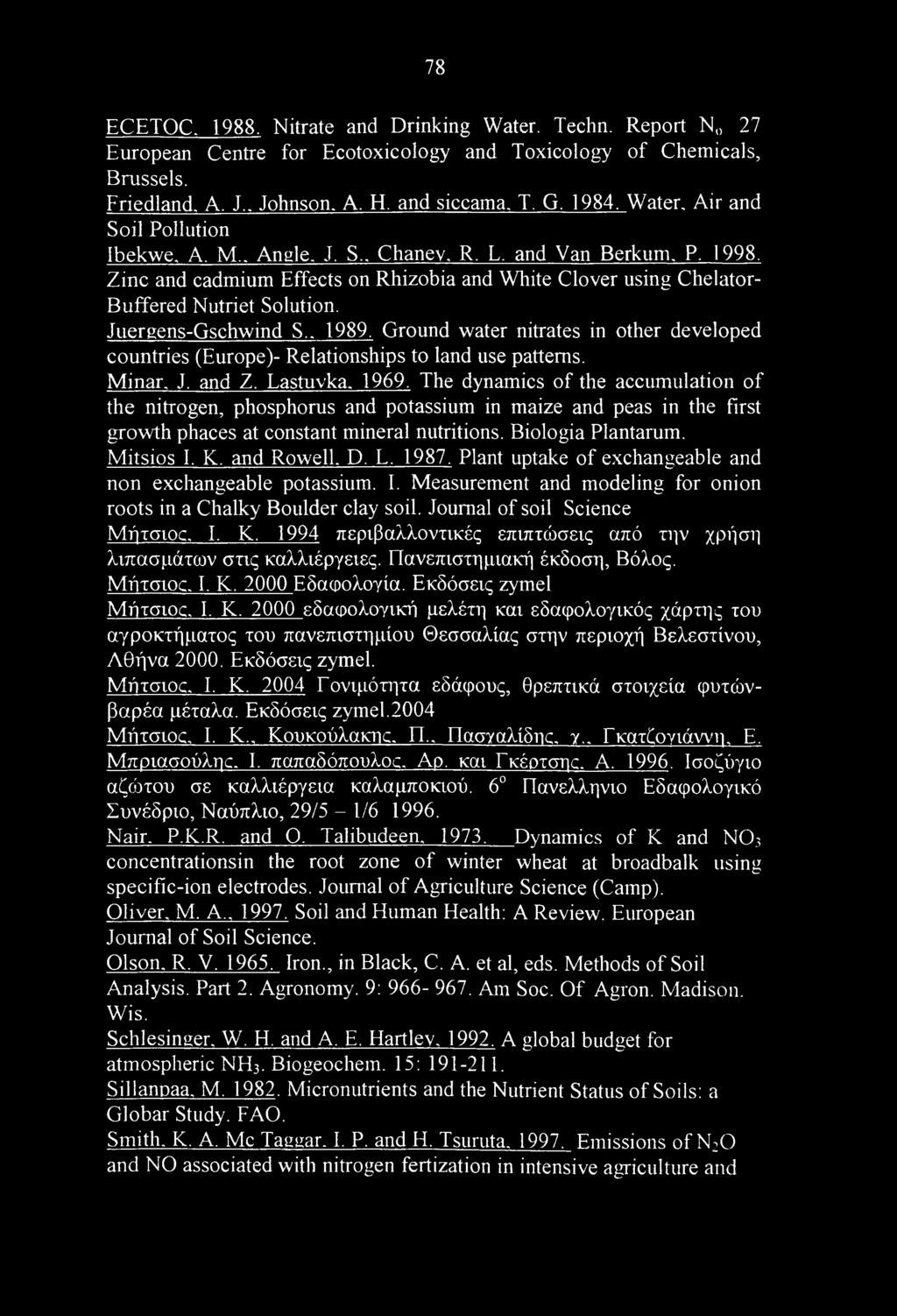 Juergens-Gschwind S.. 1989. Ground water nitrates in other developed countries (Europe)- Relationships to land use patterns. Minar, J. and Z, Lastuvka, 1969.