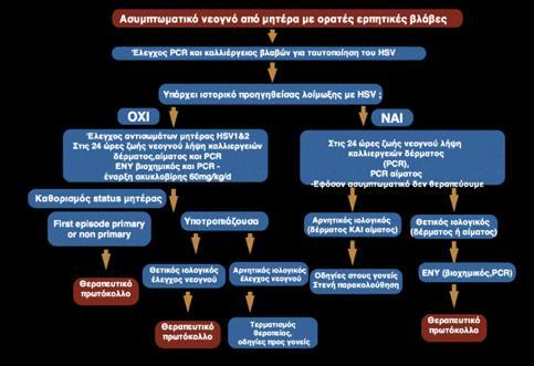 171 Πίνακας 2. Αλγόριθμος αντιμετώπισης νεογνού μητέρας με ορατές ερπητικές βλάβες.