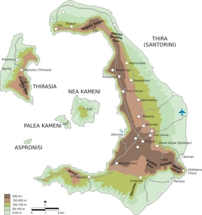 Σχήμα 1.1: Μορφολογικός Χάρτης της Σαντορίνης (πηγή: www.worldofmaps.net ) Η καλδέρα αποτελεί το κυρίαρχο μορφολογικό χαρακτηριστικό του νησιού.