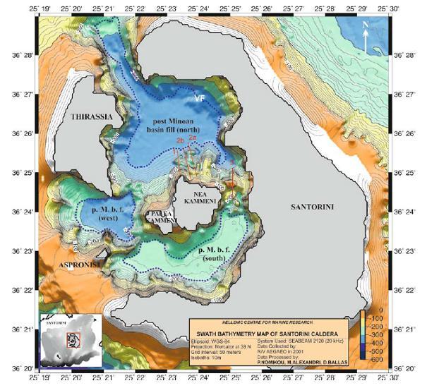 Σχήμα 1.2: Βυθομετρικός χάρτης της καλδέρας της Σαντορίνης, που κατασκευάστηκε χρησιμοποιώντας ισοβαθείς των 10m. Παρουσιάζονται οι τρεις επιμέρους λεκάνες της καλδέρας (Nomikou et al., 2012b) 1.