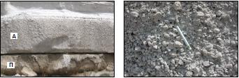 Σχήμα 2.5: Αριστερά: Η πρώτη φάση Μινωική Α πάνω από το παλαιοέδαφος. Δεξιά: Αδρόκοκκα κλάσματα κίσσηρης (ορυχείο Μεγαλοχωρίου) (Σολδάτος, 2011) Σχήμα 2.