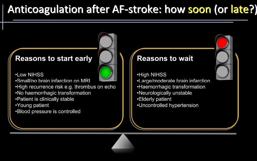 Αντιπηκτική αγωγή μετά από καρδιοεμβολικό ΑΕΕ: Πόσο νωρίς ή πόσο αργά; Γρήγορη έναρξη Μικρό μέγεθος στην απεικόνιση Όχι αιμορραγική μετατροπή Κλινικά