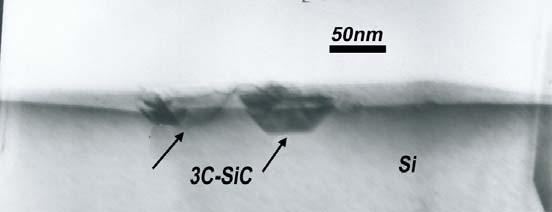 β α Σχήμα 4.21: α) εικόνα PVTEM υμενίου SiC πάχους 5nm, πριν την ανόπτηση. Το υμένιο είναι ασυνεχές β) εικόνα XTEM του ίδιου δείγματος μετά την ανόπτηση.