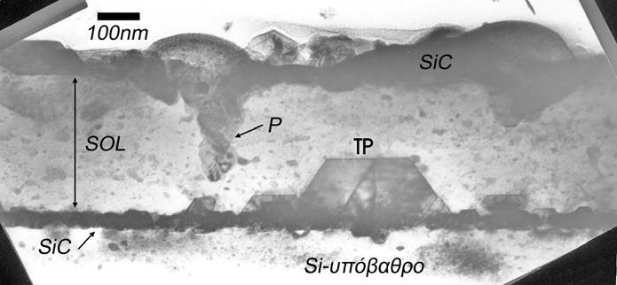 δομικός χαρακτηρισμός λεπτών υμενίων 3C-SiC πάνω σε υπόστρωμα Si Σχήμα 4.92: εικόνα XTEM του δείγματος Μ1312 μετά την ανόπτηση. Διακρίνονται τα TPs στο αρχικό SiC και προεξοχές P στο ανώτερο. Σχήμα 4.93: Εικόνα PVTEM του δείγματος Μ1312 μετά την ανόπτηση.