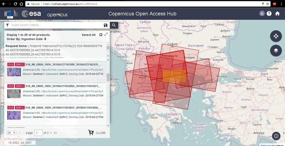 Εικόνα 16. Αποτελέσματα αναζήτησης δορυφορικών εικόνων Sentinel 1 Οι εικόνες που λαμβάνονται χρειάζονται προεπεξεργασία για να μπορέσουν να χρησιμοποιηθούν.