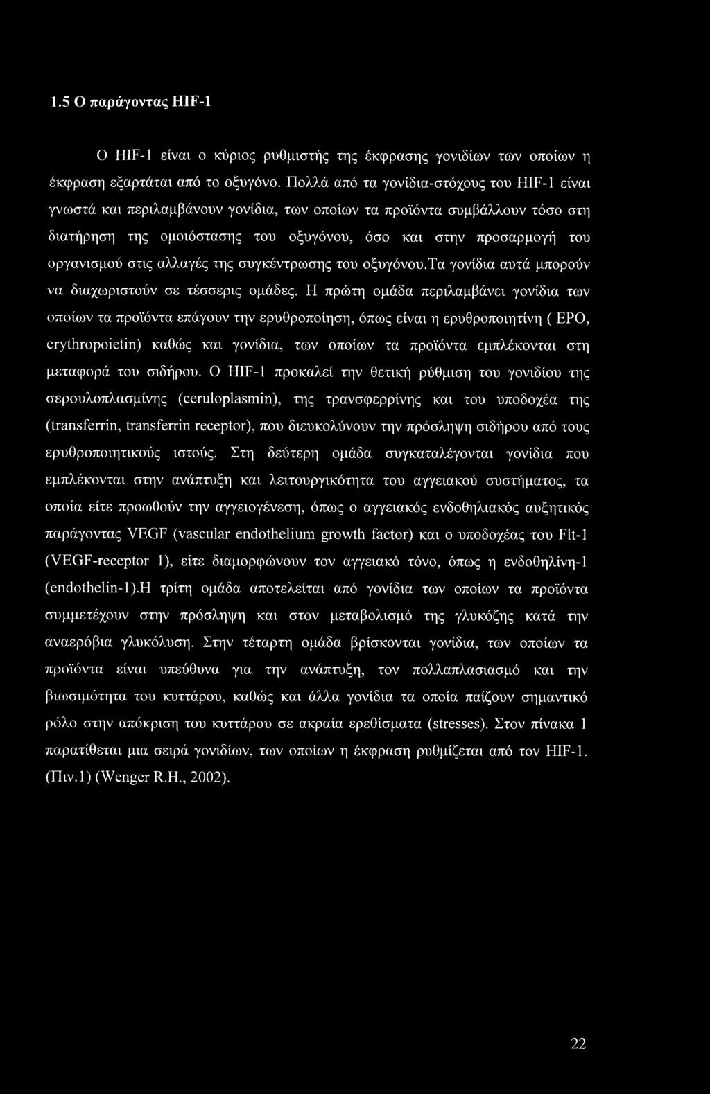 1.5 Ο παράγοντας HIF-1 Ο HIF-1 είναι ο κύριος ρυθμιστής της έκφρασης γονιδίων των οποίων η έκφραση εξαρτάται από το οξυγόνο.