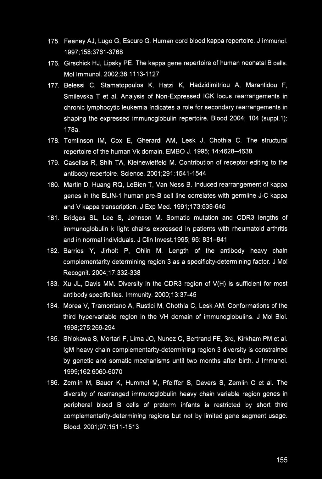 175. Feeney AJ, Lugo G, Escuro G. Human cord blood kappa repertoire. J Immunol. 1997;158:3761-3768 176. Girschick HJ, Lipsky PE. The kappa gene repertoire of human neonatal B cells. Mol Immunol.