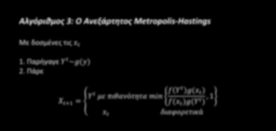 Κεφάλαιο 3: Ο Αλγόριθμος Metropolis-Hastings χρειαζόμαστε είναι να έχει η qq αρκετά μεγάλη διασπορά ώστε να εξερευνήσει ολόκληρο το εύρος της περιοχής της ff.