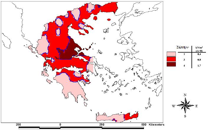 14 Κεφάλαιο Ελλάς: Φορτίο χιονιού για Α=0 Σχήμα.1: Ζώνες χιονιού για την Ελλάδα και χαρακτηριστικές τιμές..3.