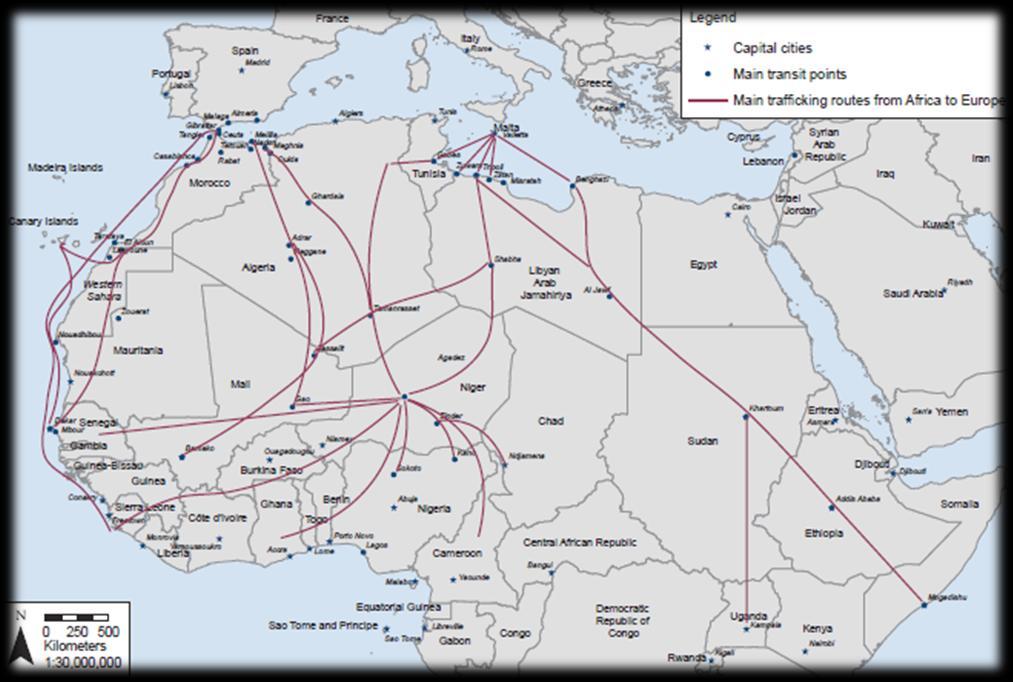 Διαδρομές Παράνομης Διακίνησης Ανθρώπων από την Αφρική στην Ευρώπη Source : Migrant smuggling routes from Africa to
