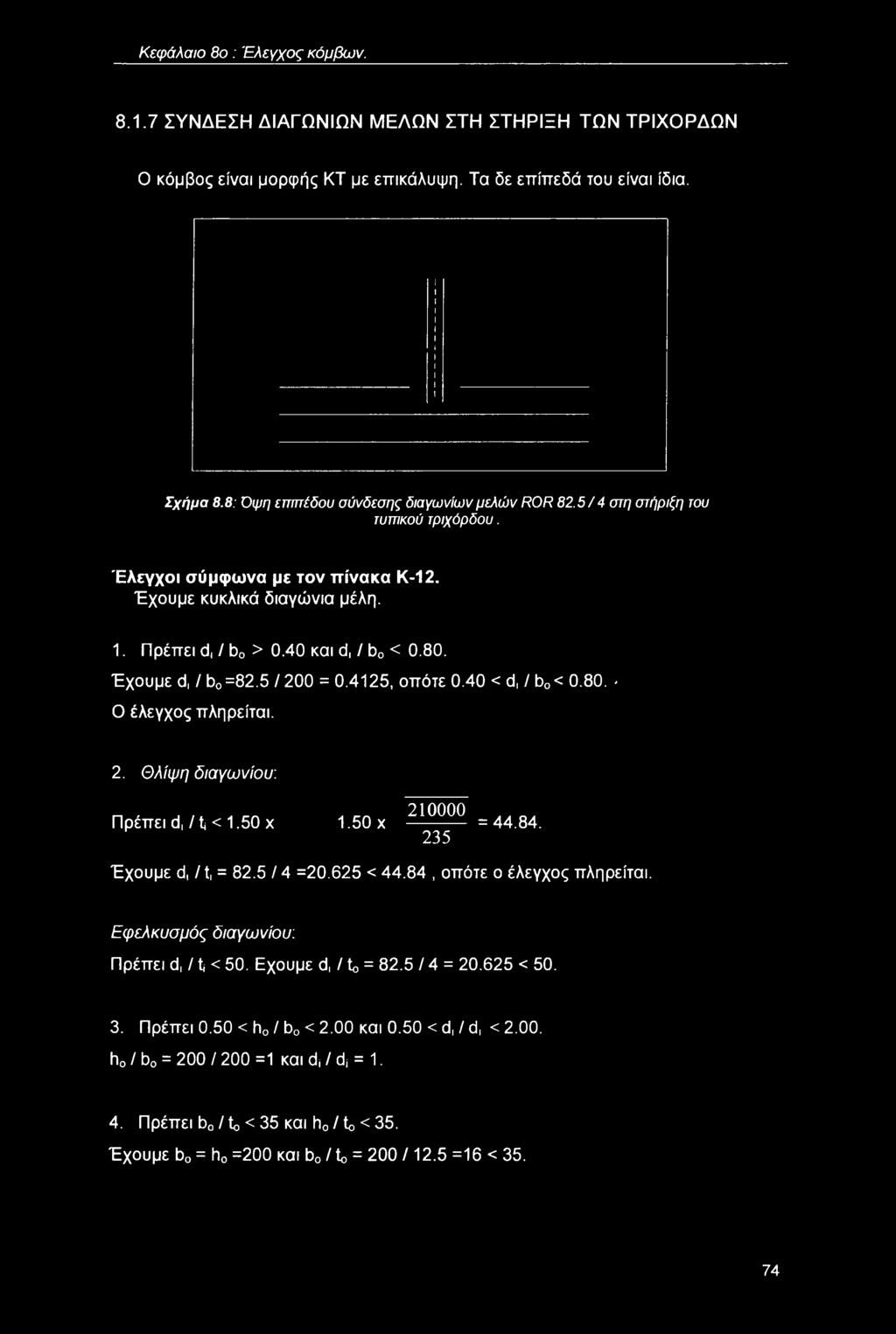 Έχουμε d, / b0=82.5 /200 = 0.4125, οπότε 0.40 < d, / b0< 0.80. - Ο έλεγχος πληρείται. 2. Θλίψη διαγωνίου: Πρέπει d, /t < 1.50 χ 1.50 χ 210000 235 = 44.84. Έχουμε d, /1, = 82.5 / 4 =20.625 < 44.