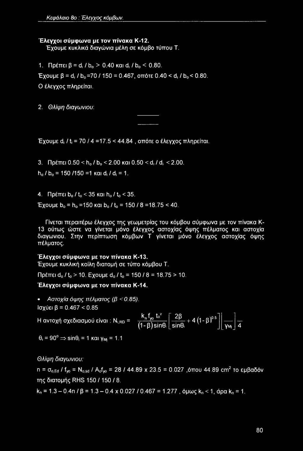 και 0.50 < d, / dj < 2.00. h0/b0 = 150/150 =1 και di/di = 1. 4. Πρέπει b0/t0 <35 και h0/to <35. Έχουμε b0 = h0 =150 και b0 / to = 150 / 8 =18.75 < 40.