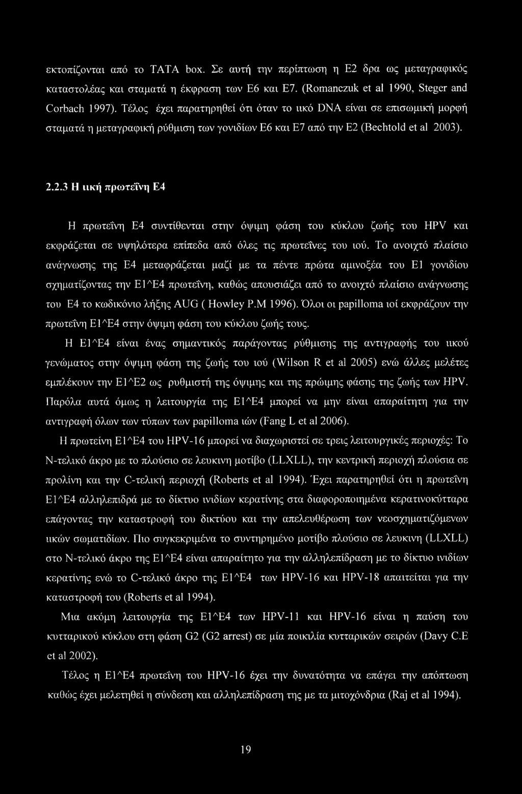 (Bechtold et al 2003). 2.2.3 Η ιική πρωτεΐνη Ε4 Η πρωτεΐνη Ε4 συντίθενται στην όψιμη φάση του κύκλου ζωής του HPV και εκφράζεται σε υψηλότερα επίπεδα από όλες τις πρωτεΐνες του ιού.