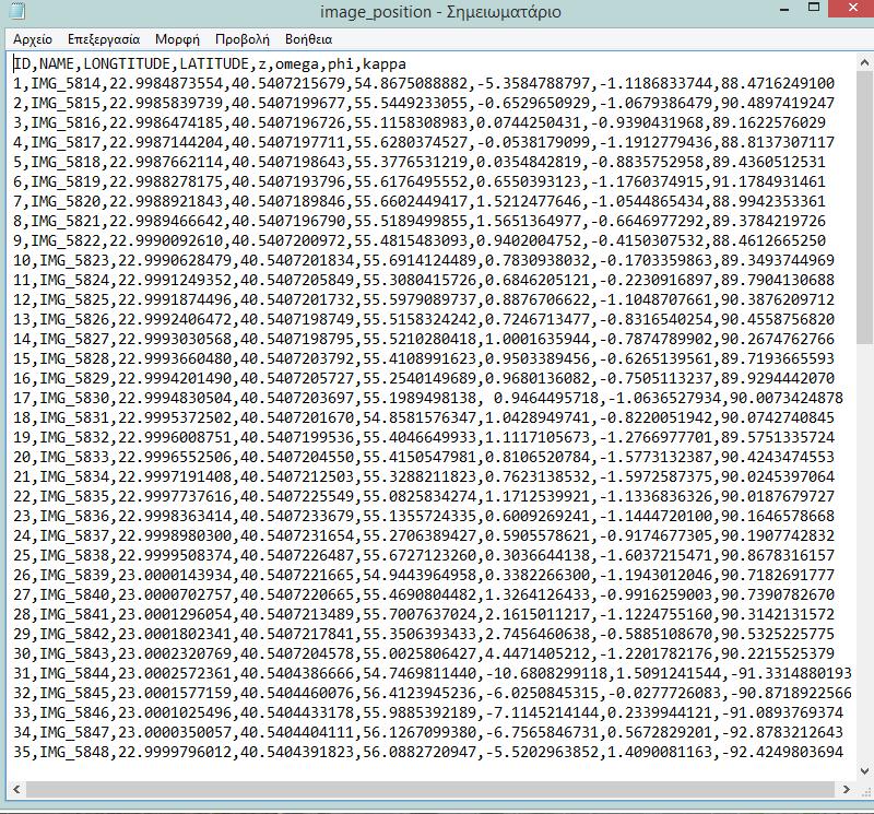 Εικόνα 15: Αρχείο κειμένου με τους προσανατολισμούς των εικόνων Αυτό το απλό αρχείο κειμένου περιέχει τιμές διαχωρισμένες με κόμμα. Οι πραγματικές τιμές των δεδομένων ξεκινούν από την δεύτερη στήλη.