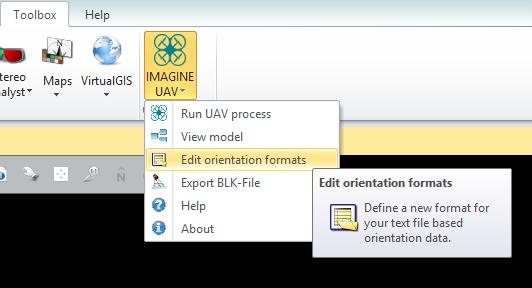 Εικόνα 16: Διαδικασία επιλογής "Edit orientation formats" Συγκεκριμένα από το κύριο μενού επιλέγεται η καρτέλα Toolbox Imagine UAV Edit orientation formats ώστε να ανοίξει το παράθυρο διαλόγου της